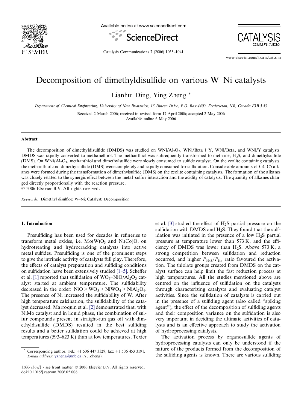 Decomposition of dimethyldisulfide on various W–Ni catalysts