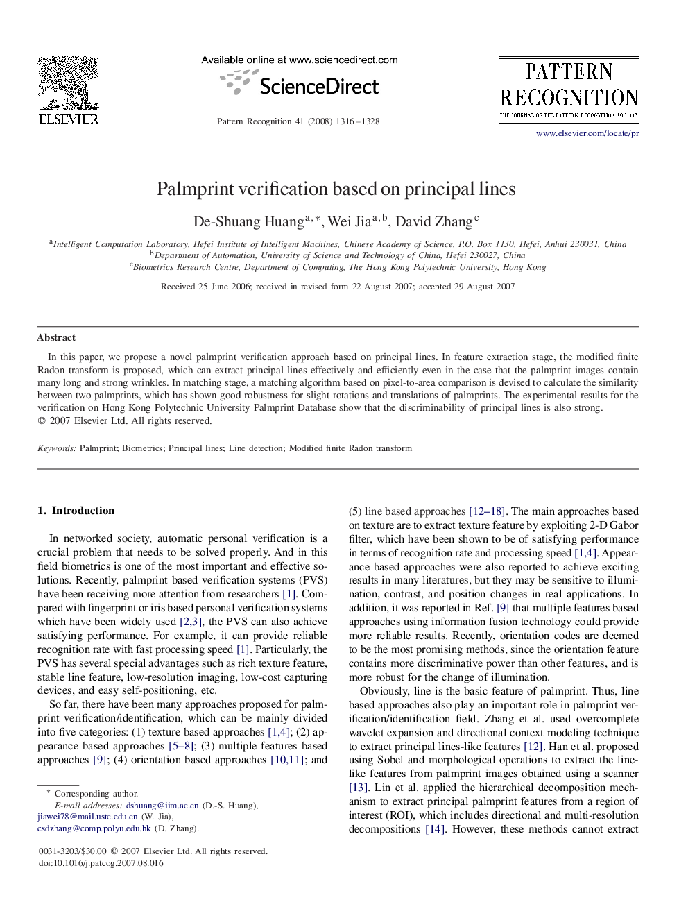 Palmprint verification based on principal lines