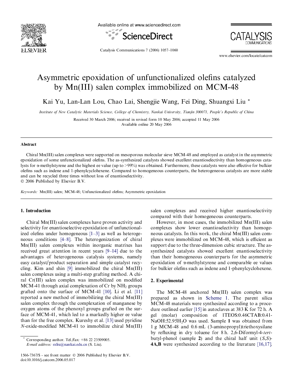 Asymmetric epoxidation of unfunctionalized olefins catalyzed by Mn(III) salen complex immobilized on MCM-48