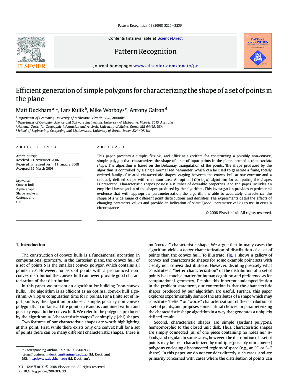 Efficient generation of simple polygons for characterizing the shape of a set of points in the plane