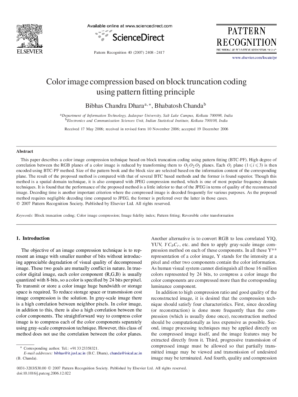 Color image compression based on block truncation coding using pattern fitting principle