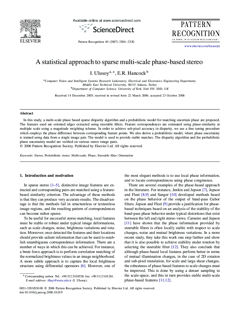 A statistical approach to sparse multi-scale phase-based stereo