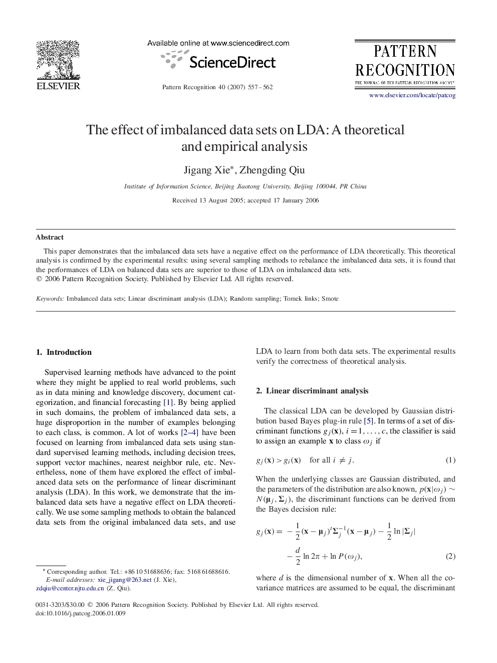 The effect of imbalanced data sets on LDA: A theoretical and empirical analysis