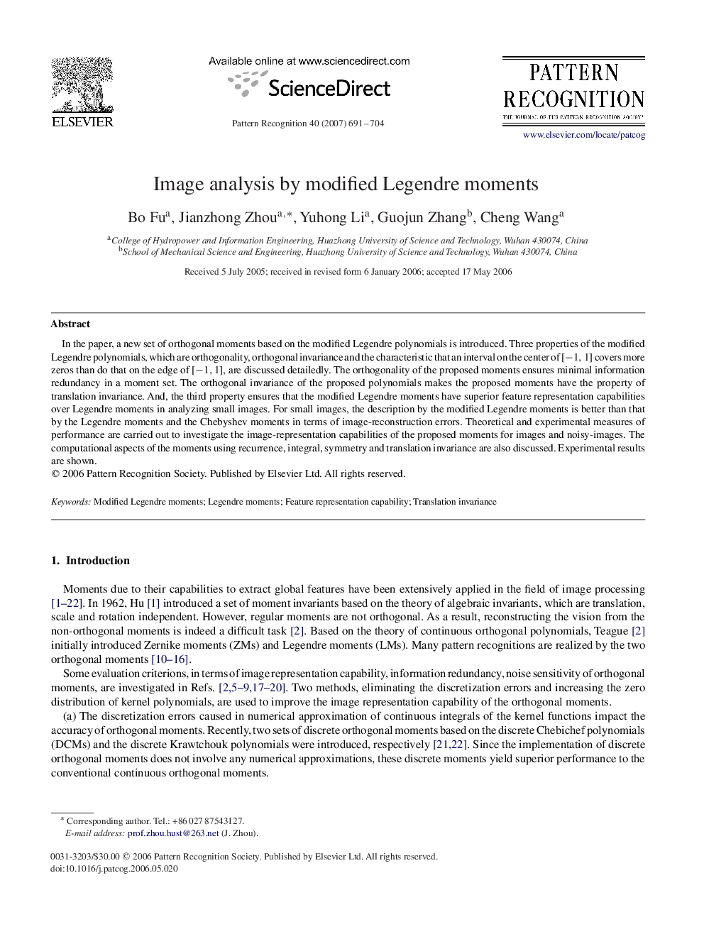 Image analysis by modified Legendre moments