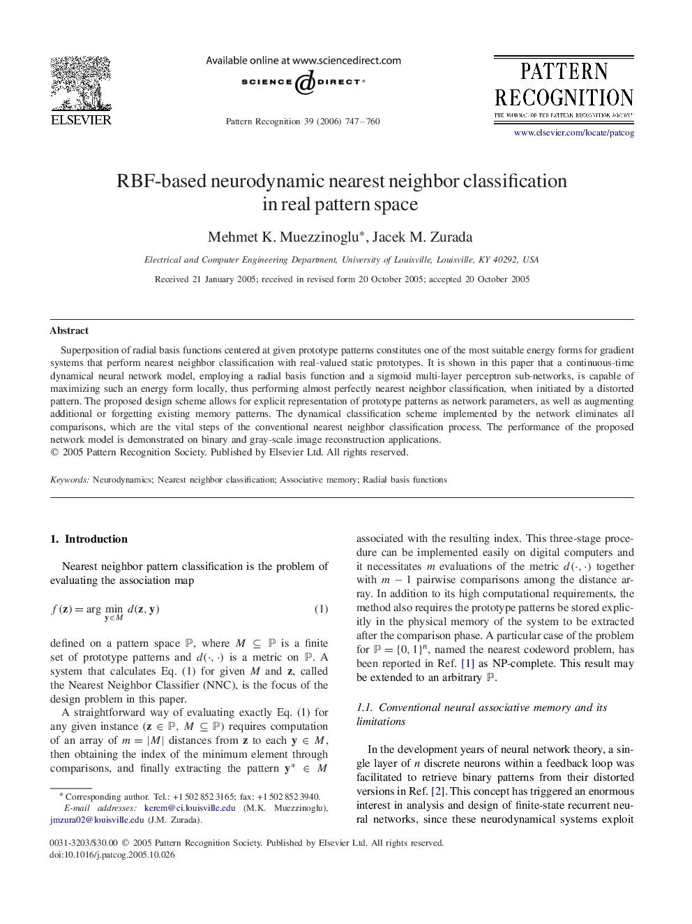 RBF-based neurodynamic nearest neighbor classification in real pattern space