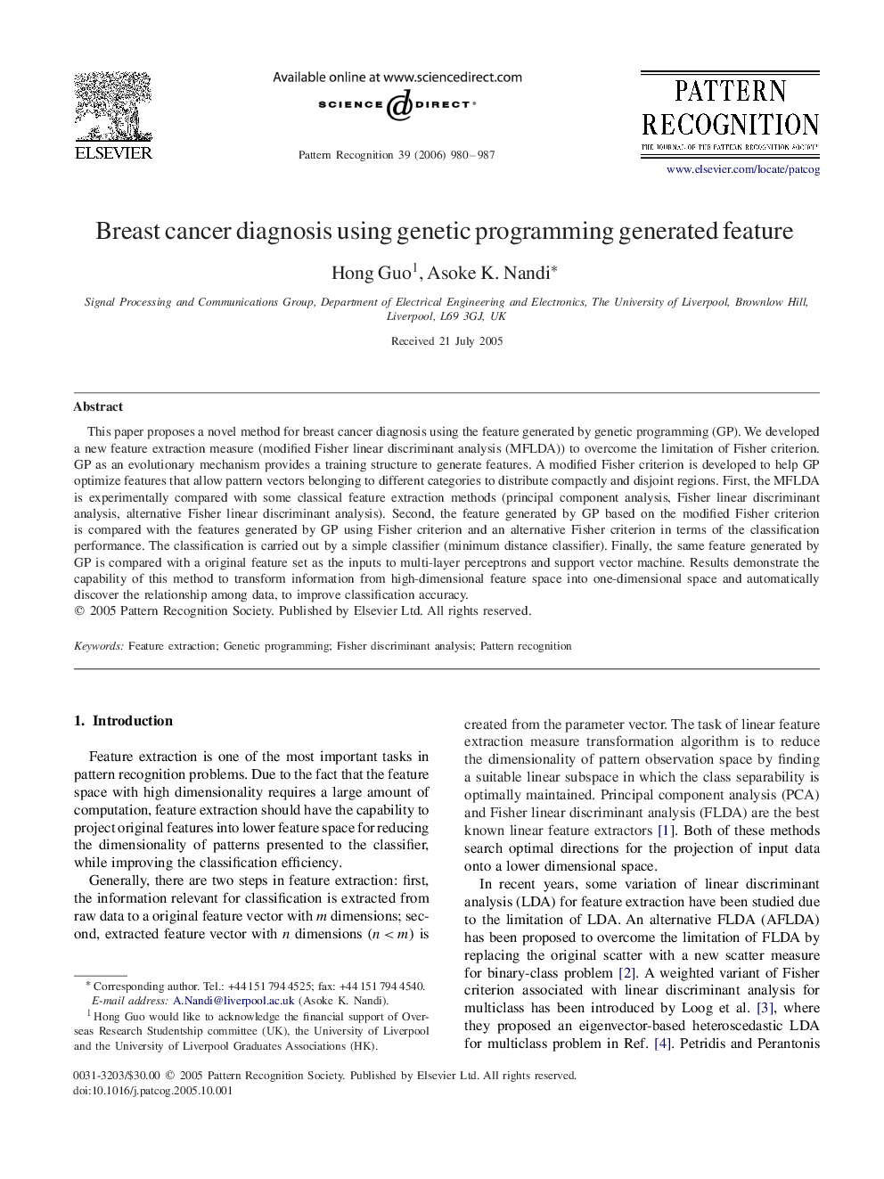 Breast cancer diagnosis using genetic programming generated feature