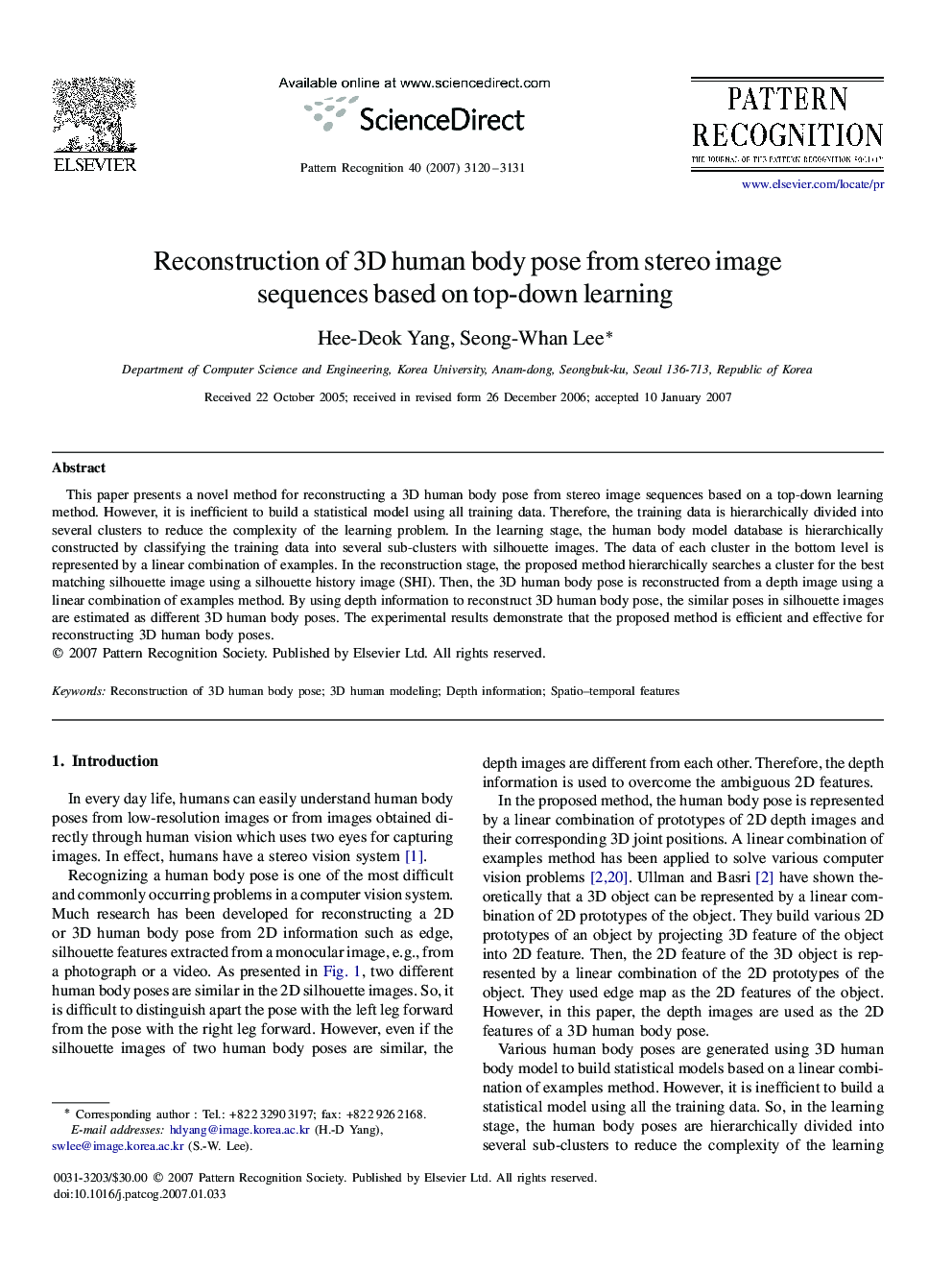 Reconstruction of 3D human body pose from stereo image sequences based on top-down learning