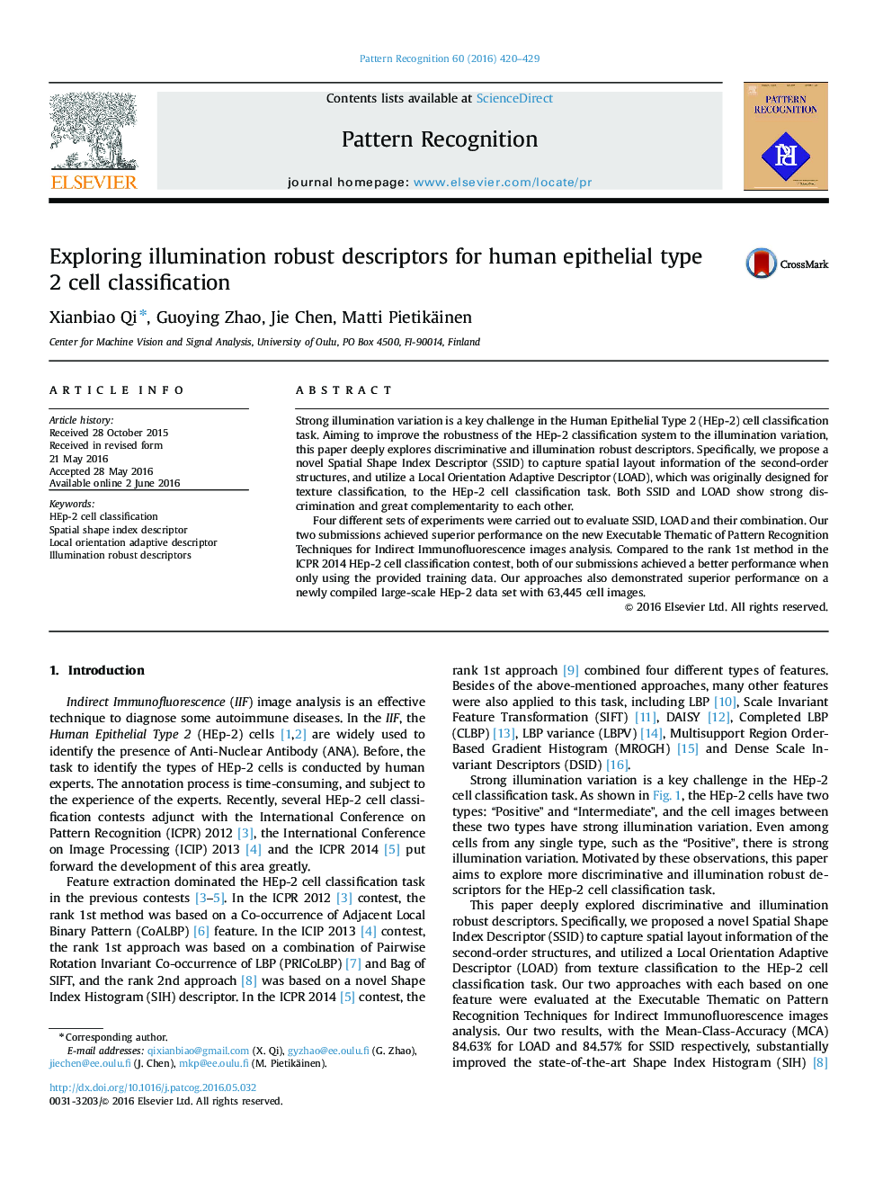 Exploring illumination robust descriptors for human epithelial type 2 cell classification