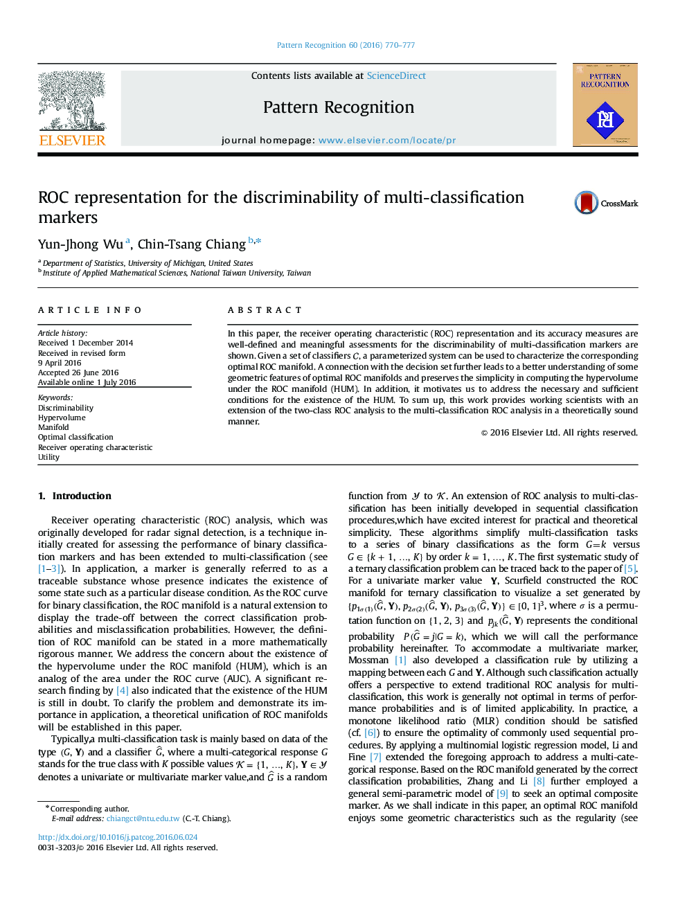 ROC representation for the discriminability of multi-classification markers