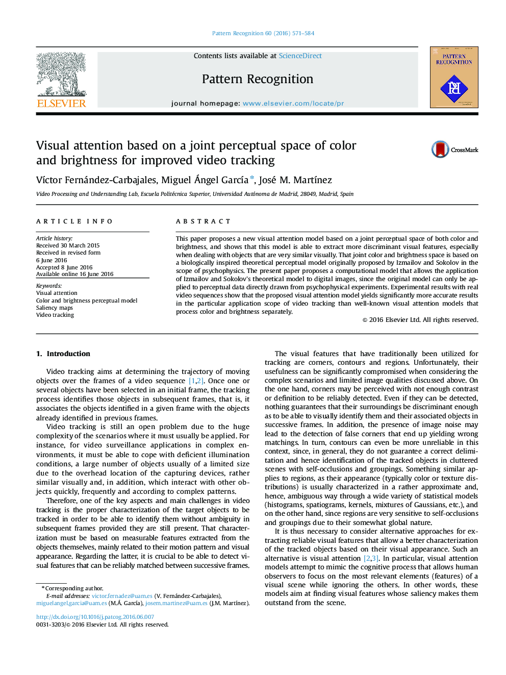 Visual attention based on a joint perceptual space of color and brightness for improved video tracking