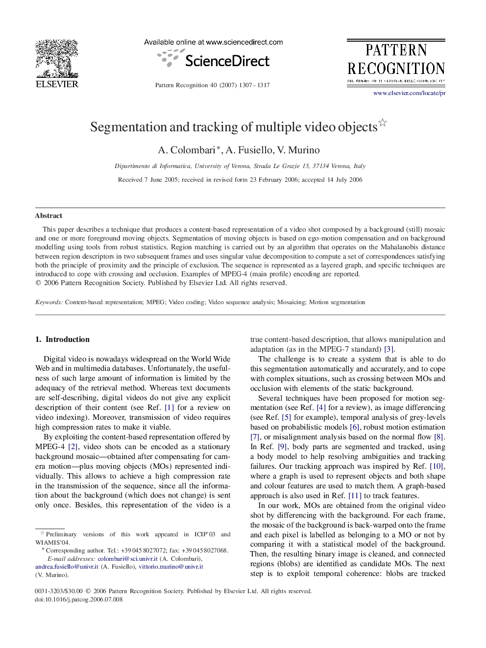عکس صفحه اول مقاله: Segmentation and tracking of multiple video objects Segmentation and tracking of multiple video objects