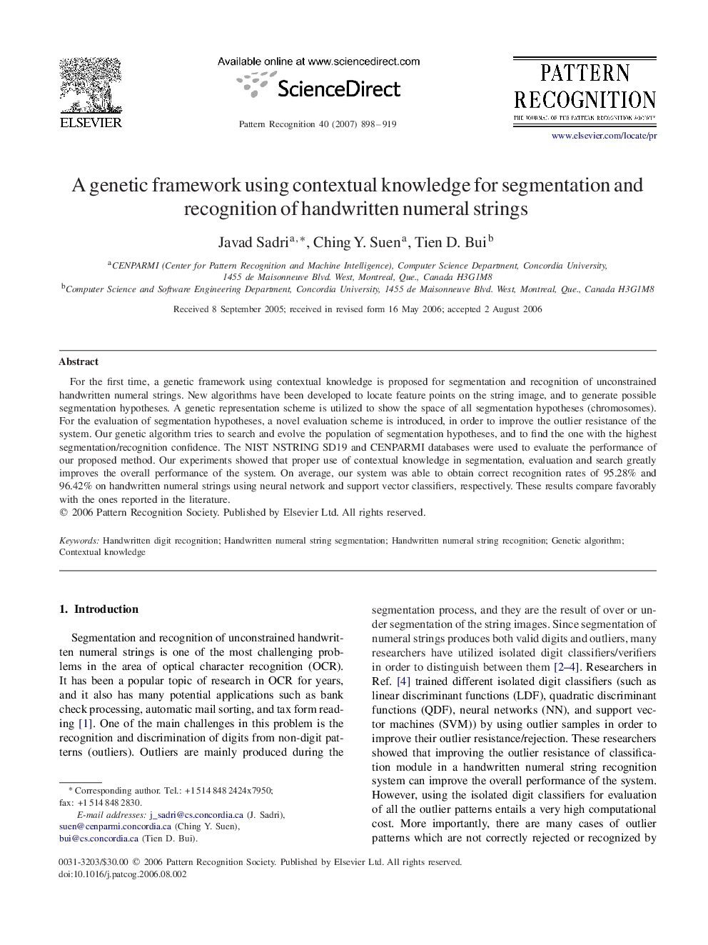 A genetic framework using contextual knowledge for segmentation and recognition of handwritten numeral strings