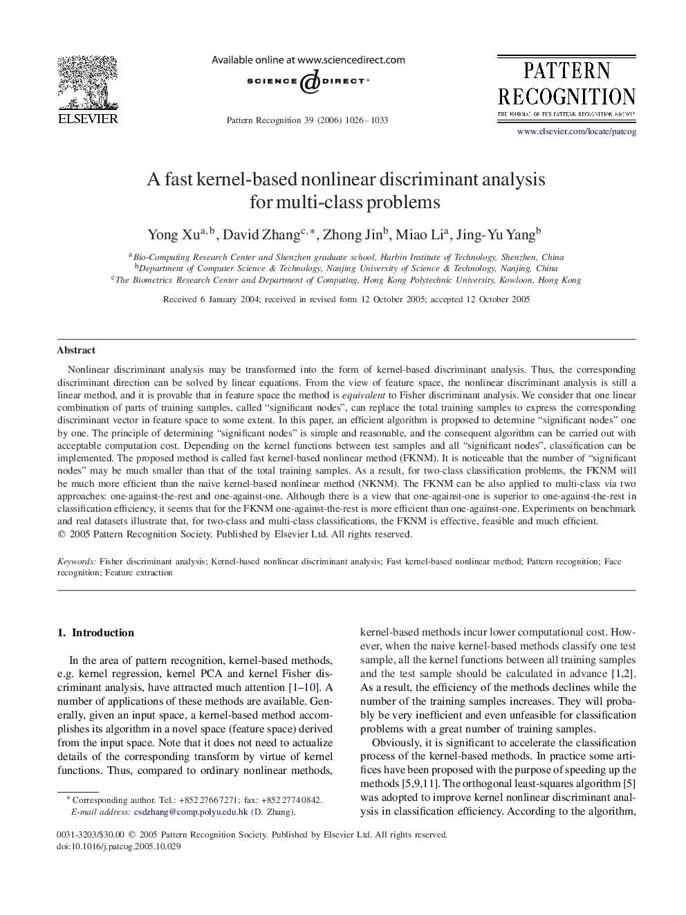 A fast kernel-based nonlinear discriminant analysis for multi-class problems