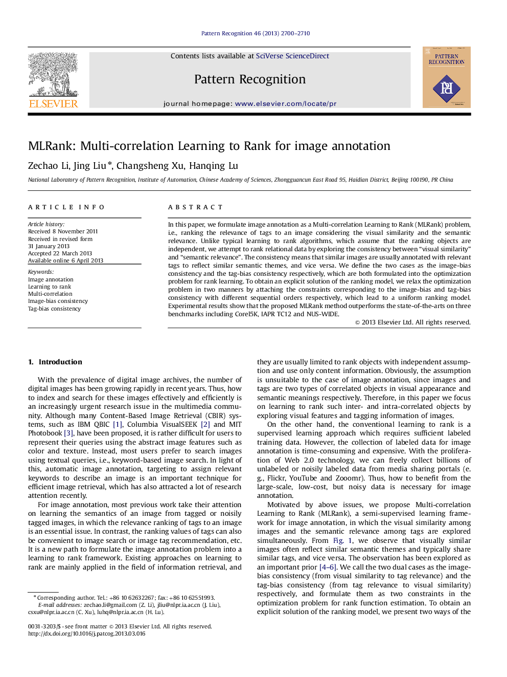 عکس صفحه اول مقاله: MLRank: Multi-correlation Learning to Rank for image annotation MLRank: Multi-correlation Learning to Rank for image annotation