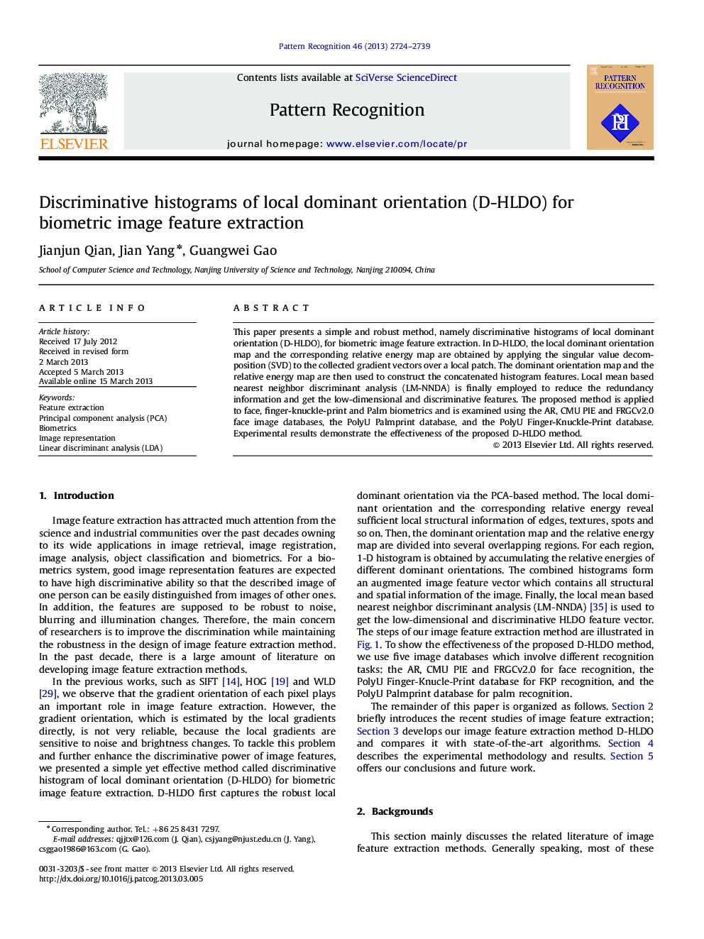 Discriminative histograms of local dominant orientation (D-HLDO) for biometric image feature extraction