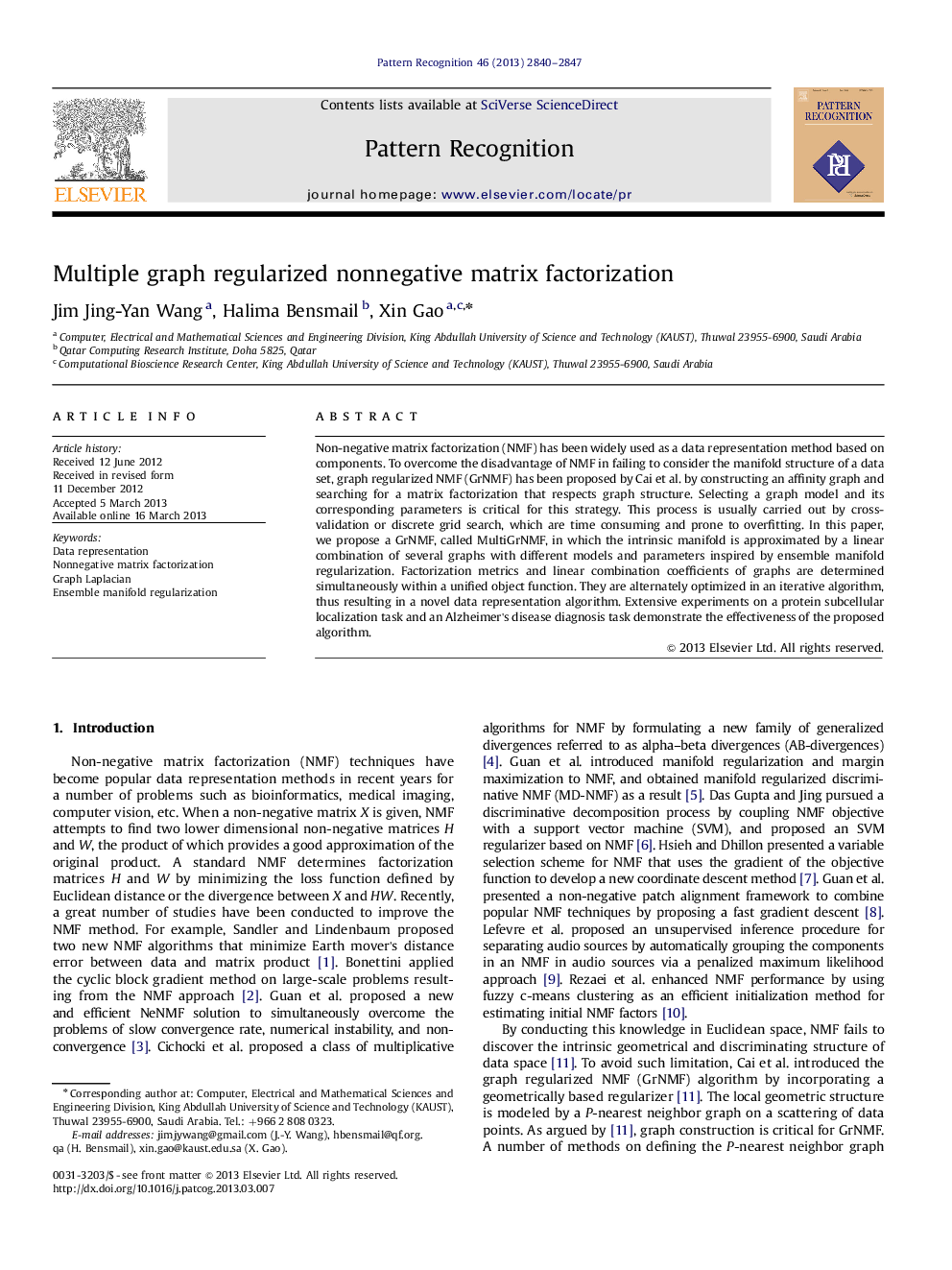 Multiple graph regularized nonnegative matrix factorization