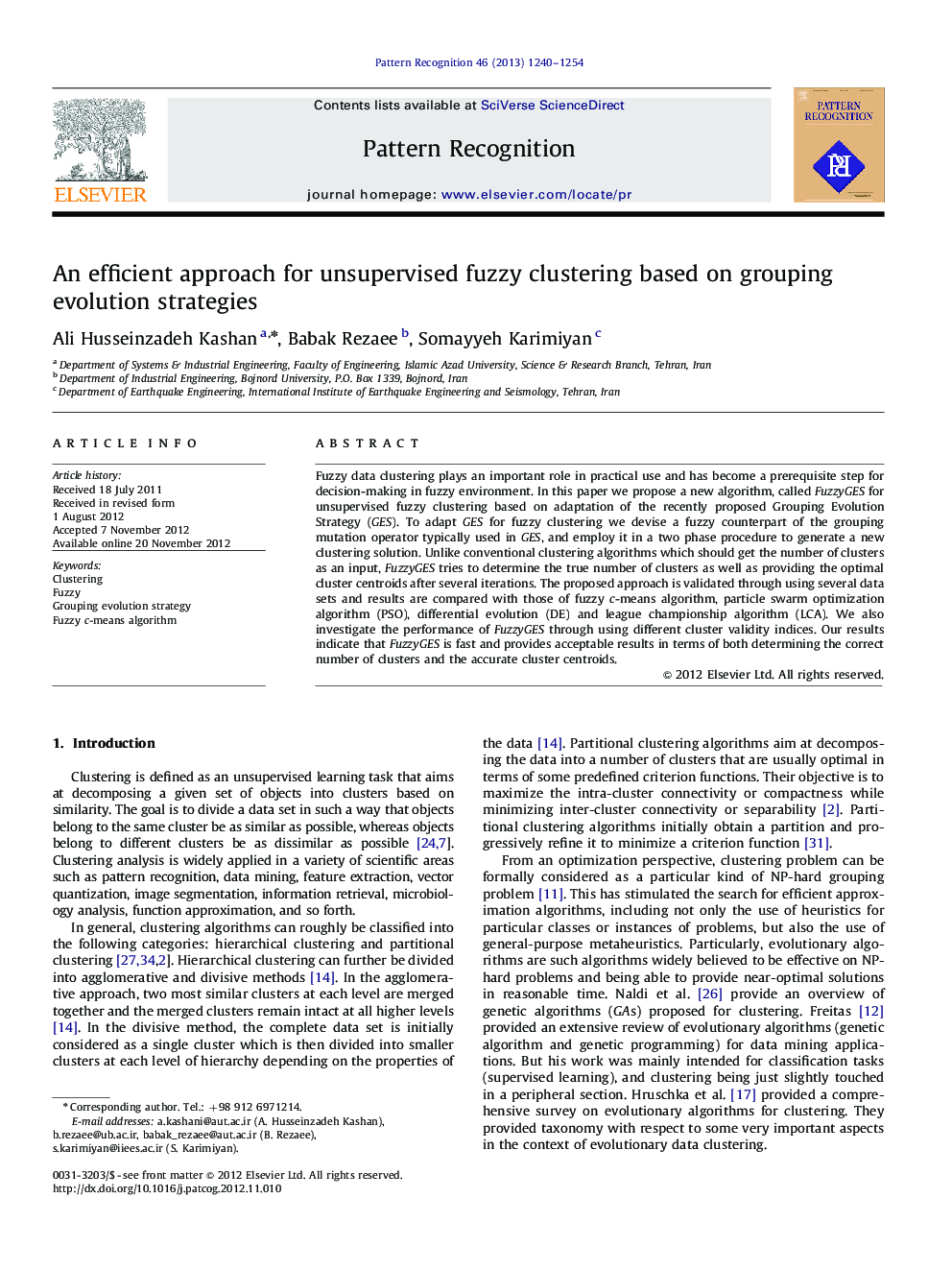 An efficient approach for unsupervised fuzzy clustering based on grouping evolution strategies