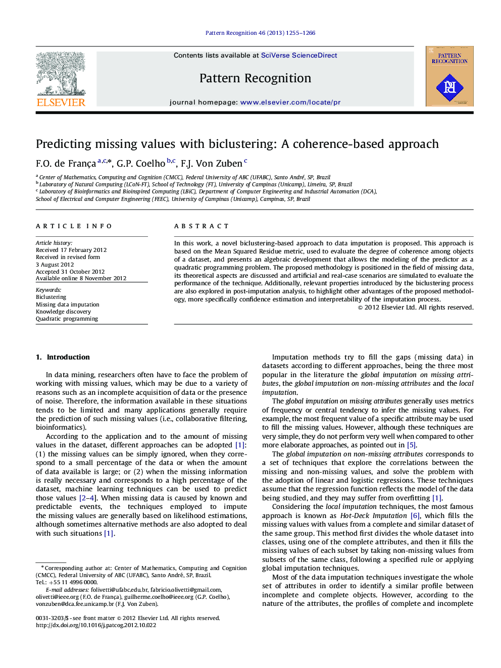 Predicting missing values with biclustering: A coherence-based approach