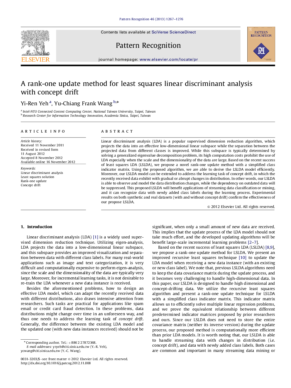 A rank-one update method for least squares linear discriminant analysis with concept drift