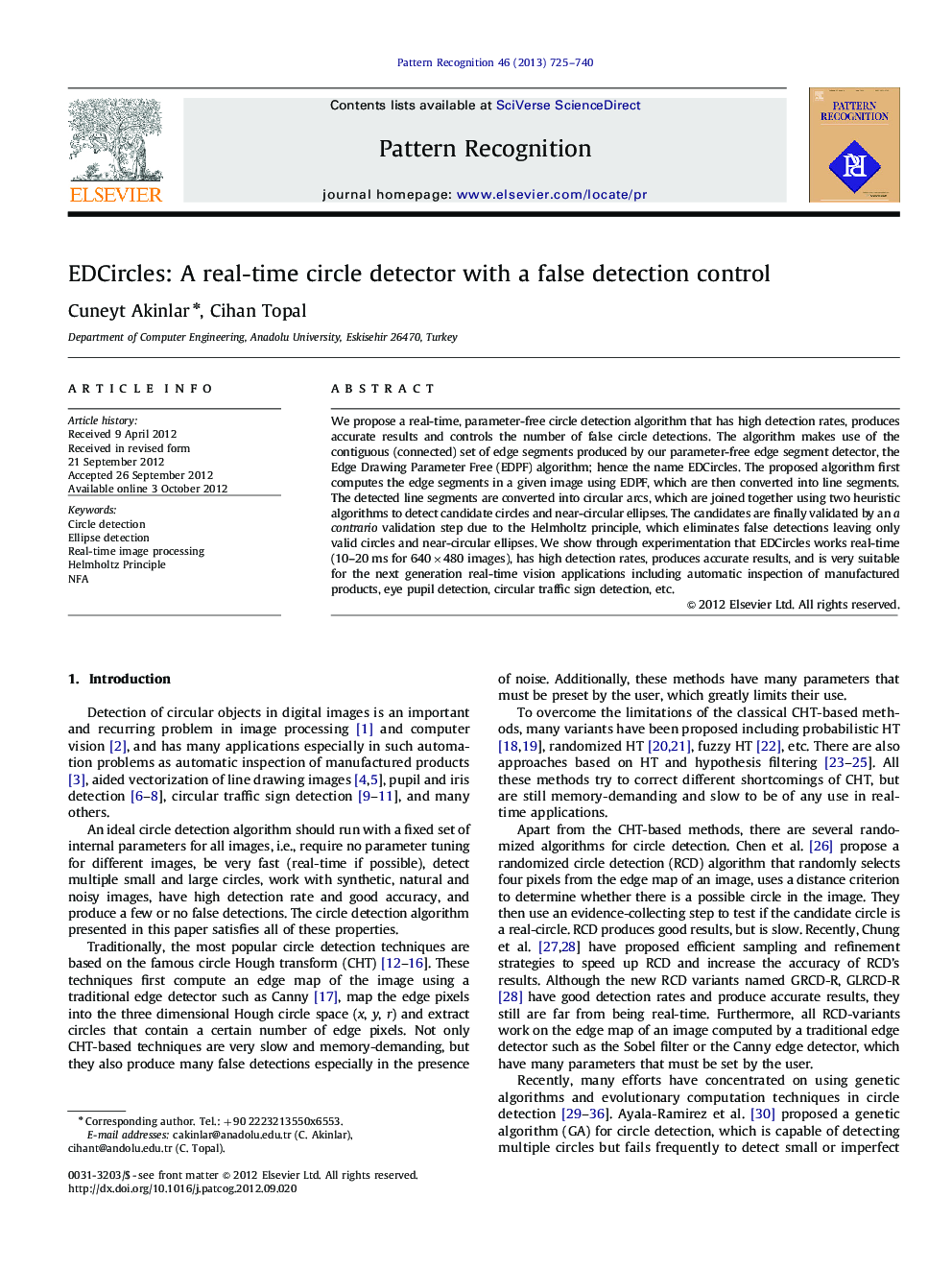 EDCircles: A real-time circle detector with a false detection control