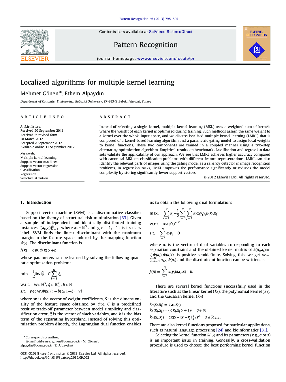 Localized algorithms for multiple kernel learning