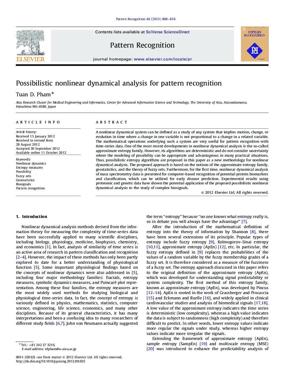 Possibilistic nonlinear dynamical analysis for pattern recognition