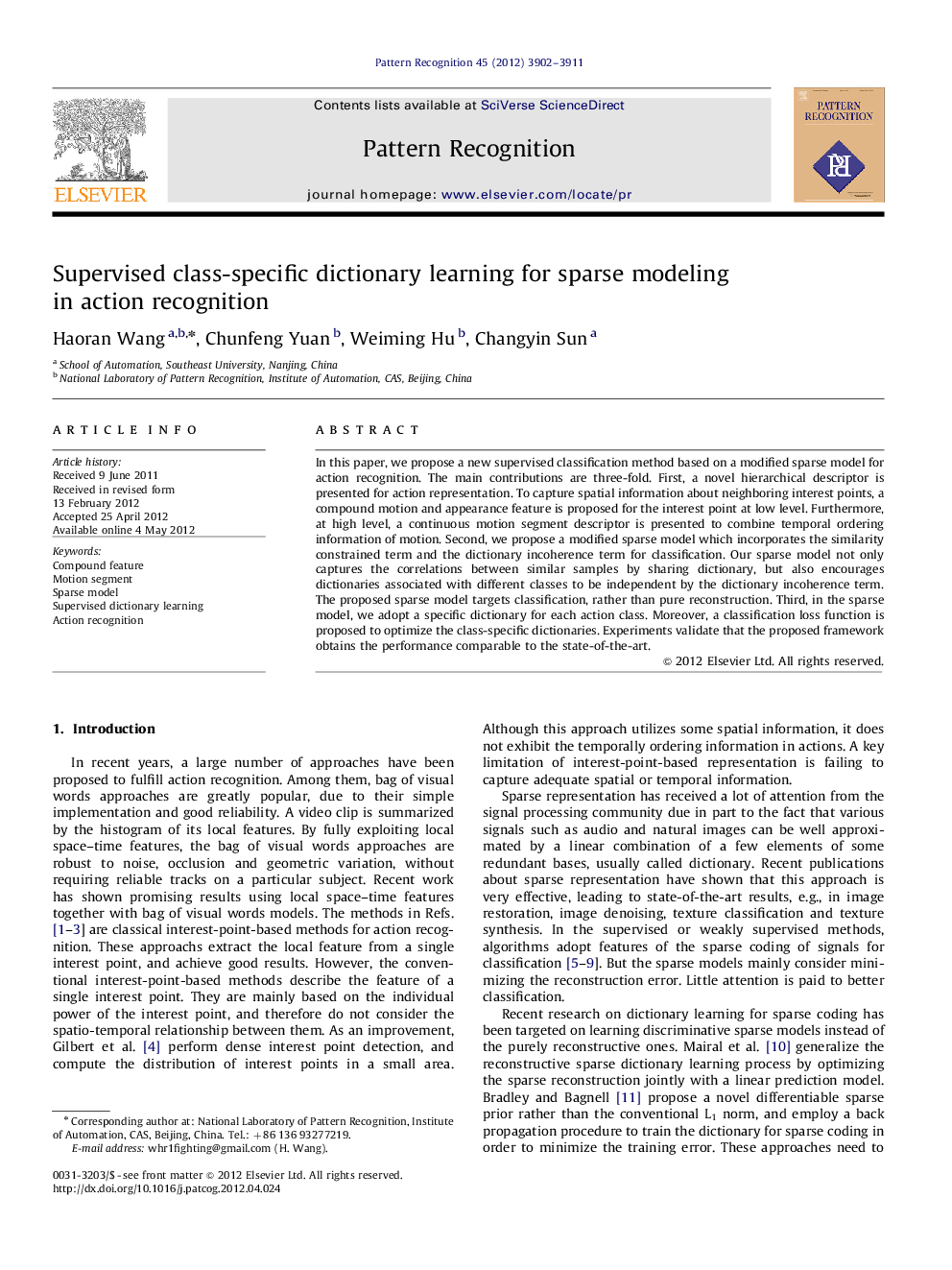 Supervised class-specific dictionary learning for sparse modeling in action recognition