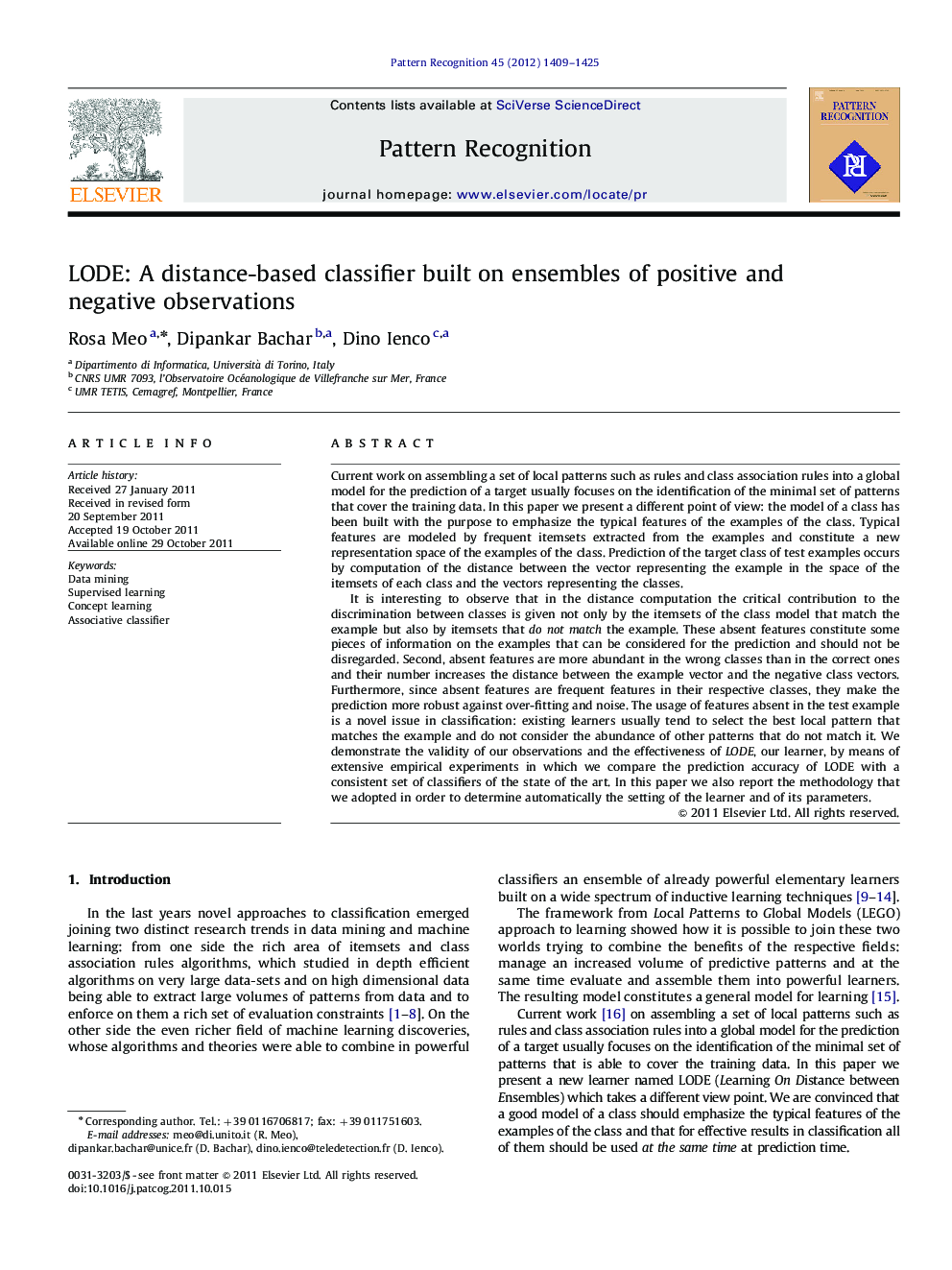 LODE: A distance-based classifier built on ensembles of positive and negative observations