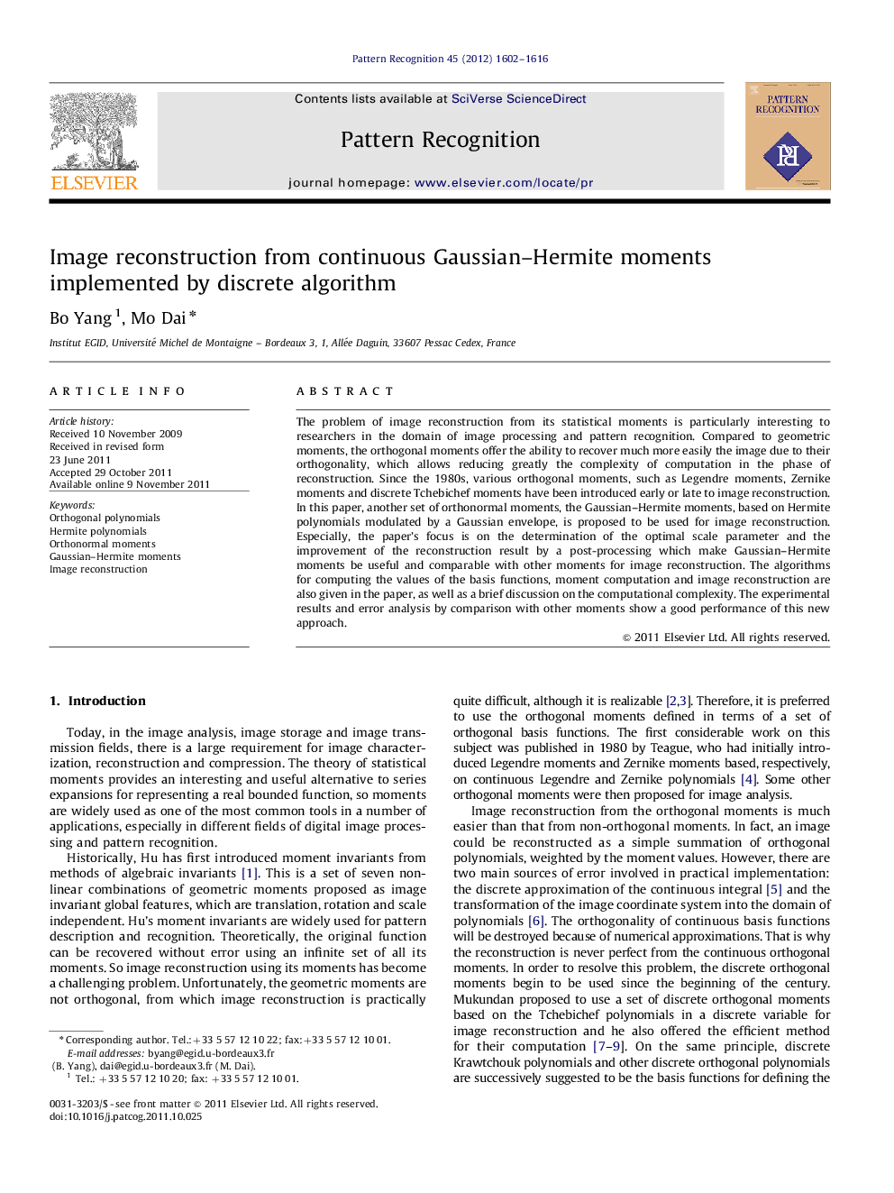 Image reconstruction from continuous Gaussian–Hermite moments implemented by discrete algorithm