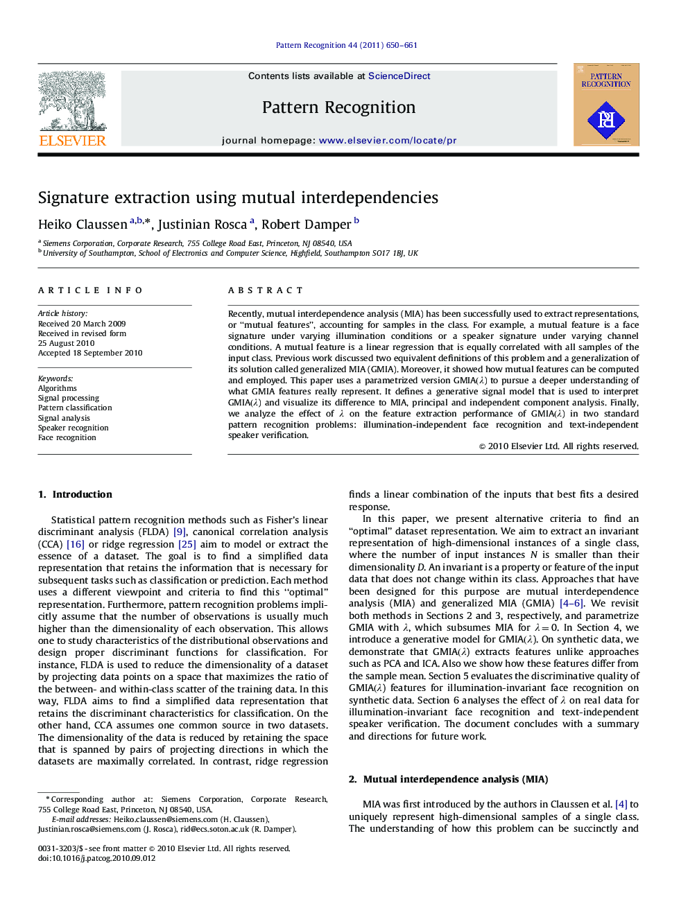 Signature extraction using mutual interdependencies