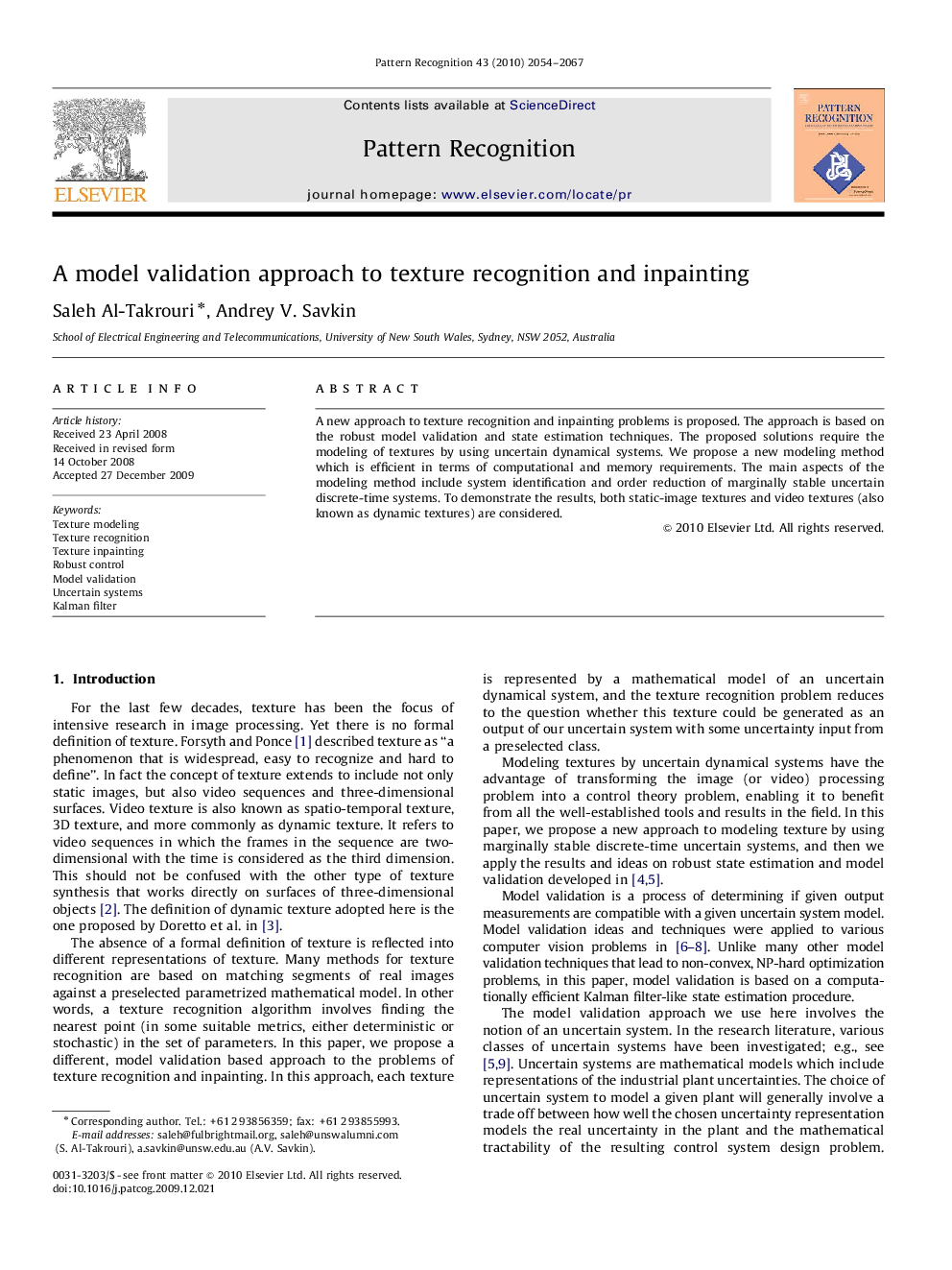 A model validation approach to texture recognition and inpainting