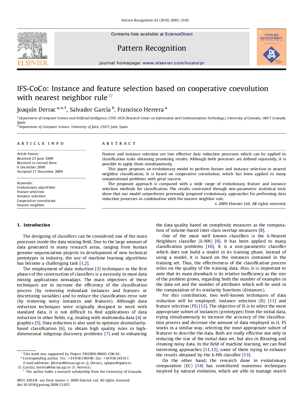 IFS-CoCo: Instance and feature selection based on cooperative coevolution with nearest neighbor rule 