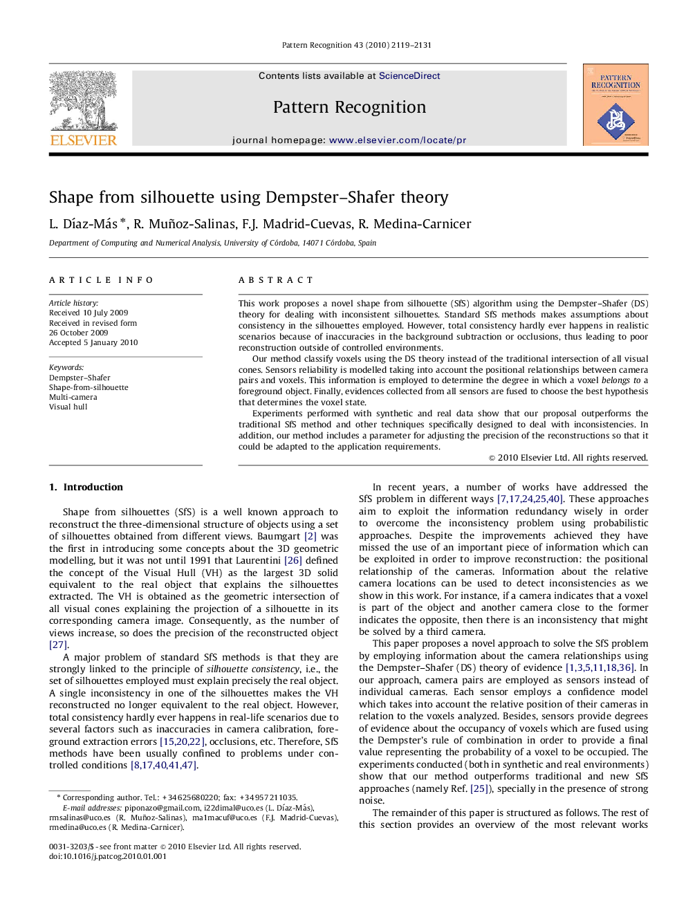 Shape from silhouette using Dempster–Shafer theory