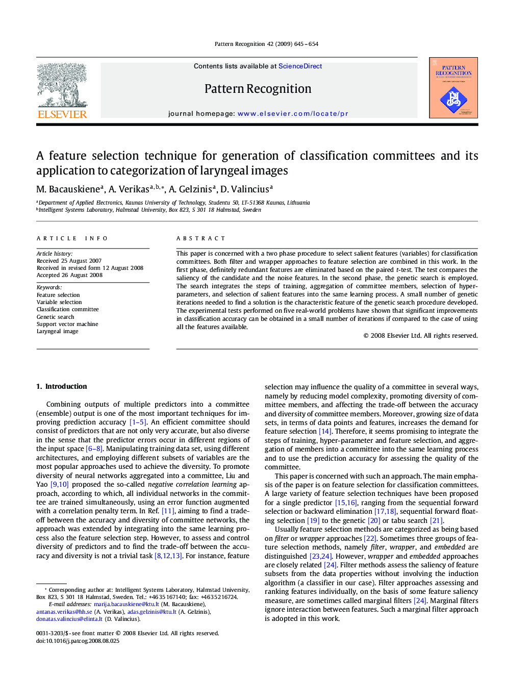 A feature selection technique for generation of classification committees and its application to categorization of laryngeal images