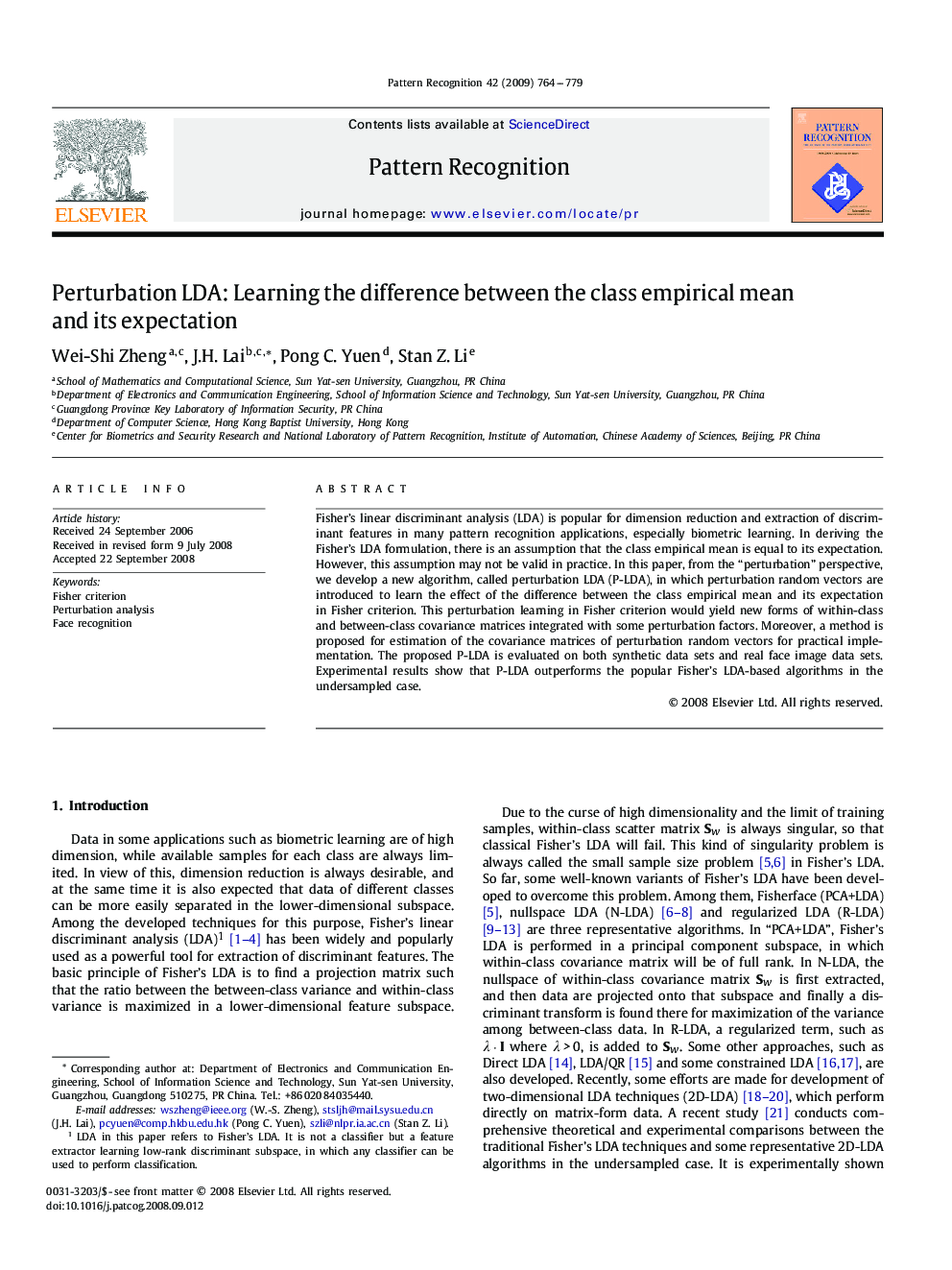 Perturbation LDA: Learning the difference between the class empirical mean and its expectation