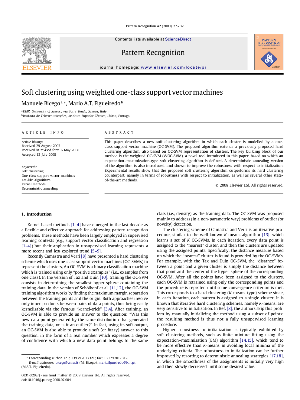 Soft clustering using weighted one-class support vector machines