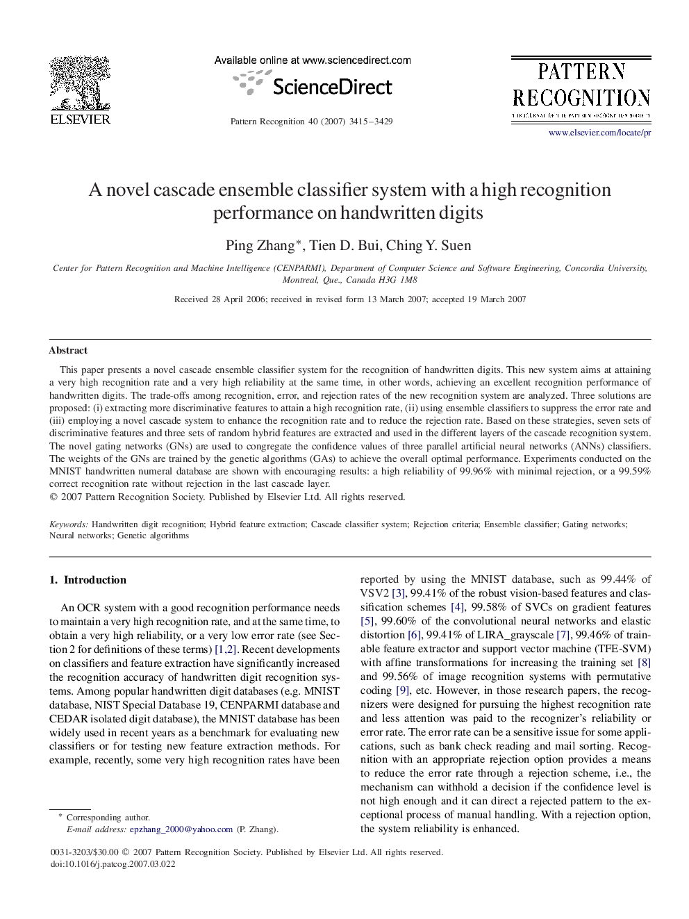 A novel cascade ensemble classifier system with a high recognition performance on handwritten digits