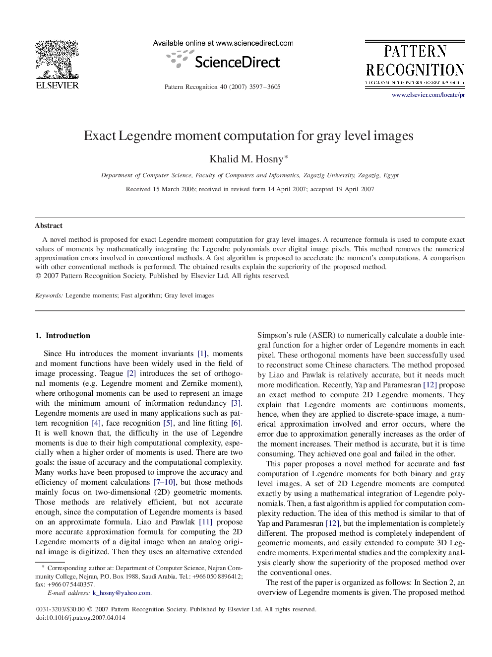 Exact Legendre moment computation for gray level images