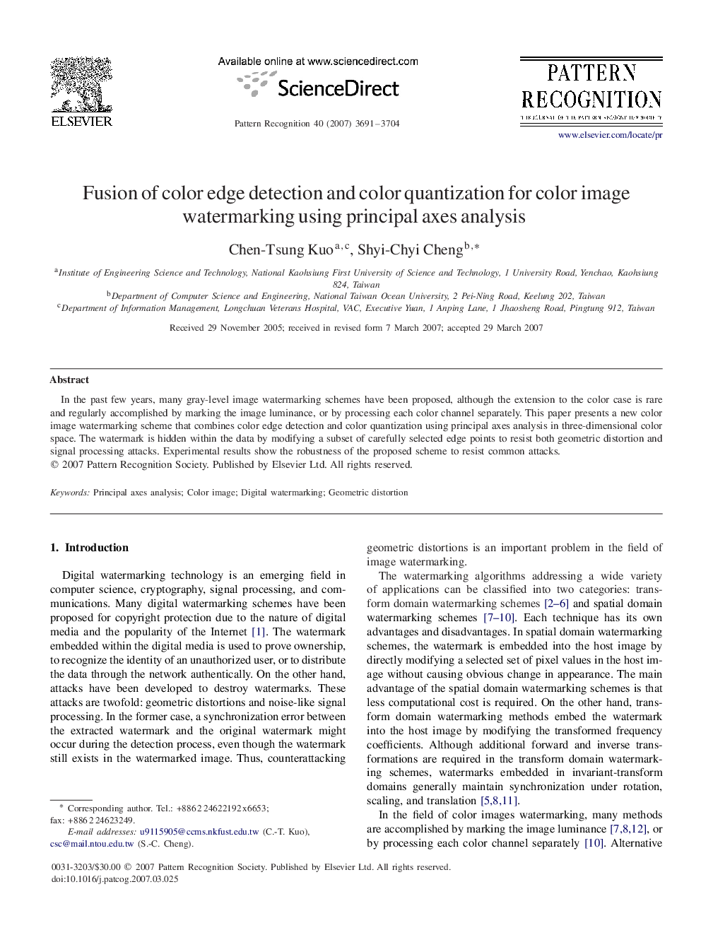 Fusion of color edge detection and color quantization for color image watermarking using principal axes analysis