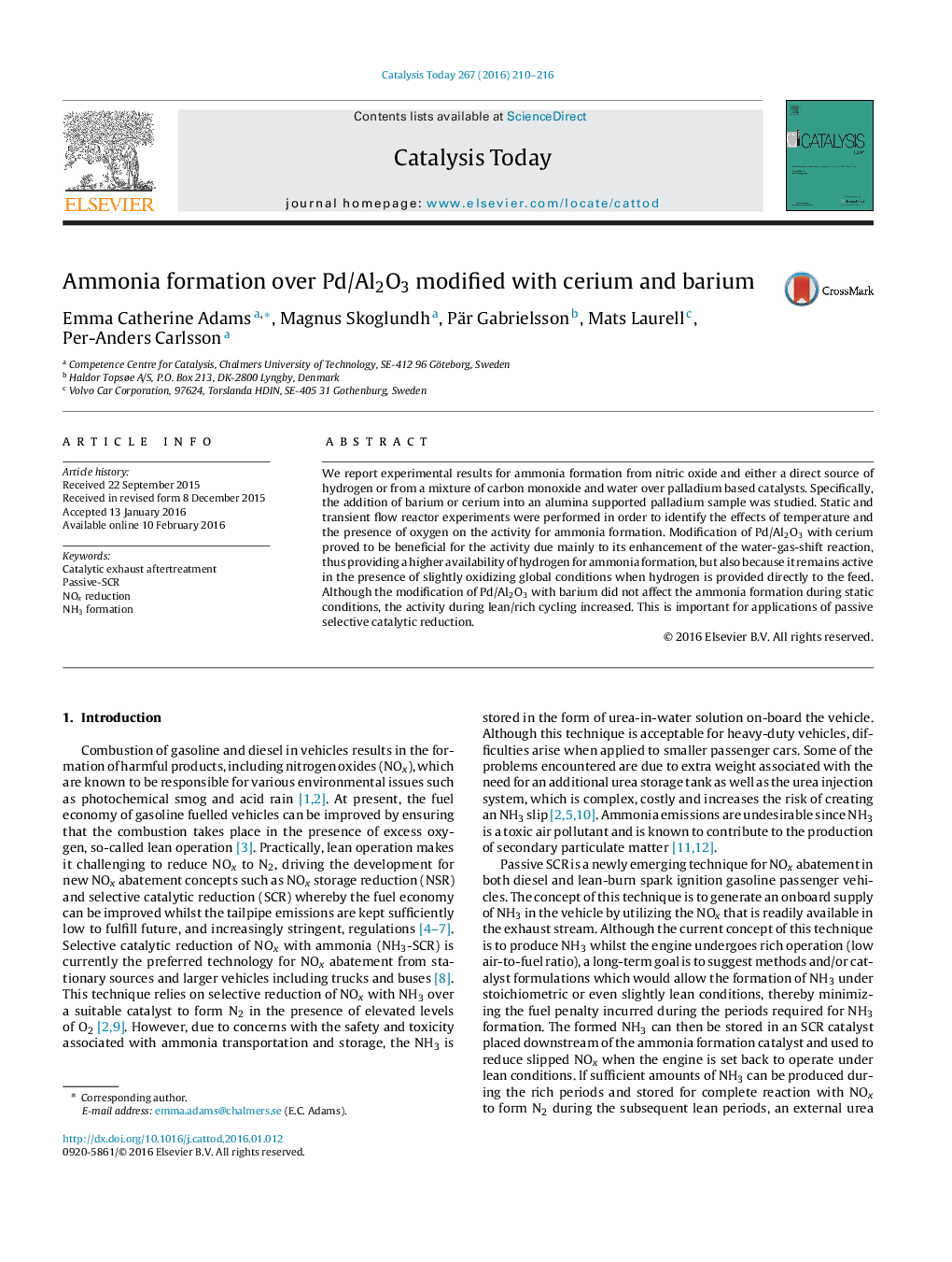 Ammonia formation over Pd/Al2O3 modified with cerium and barium