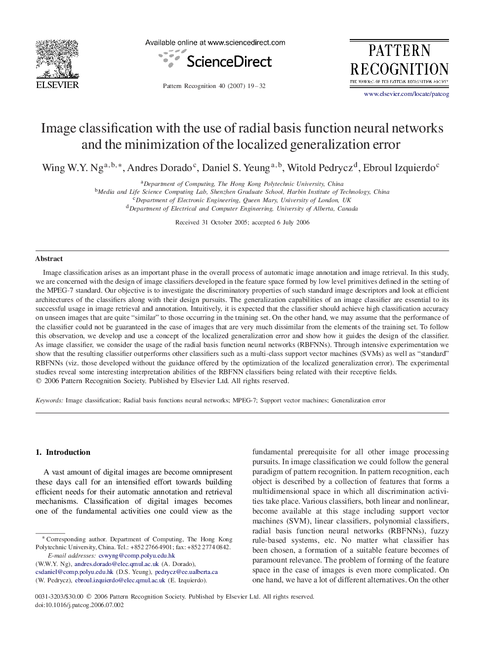 Image classification with the use of radial basis function neural networks and the minimization of the localized generalization error