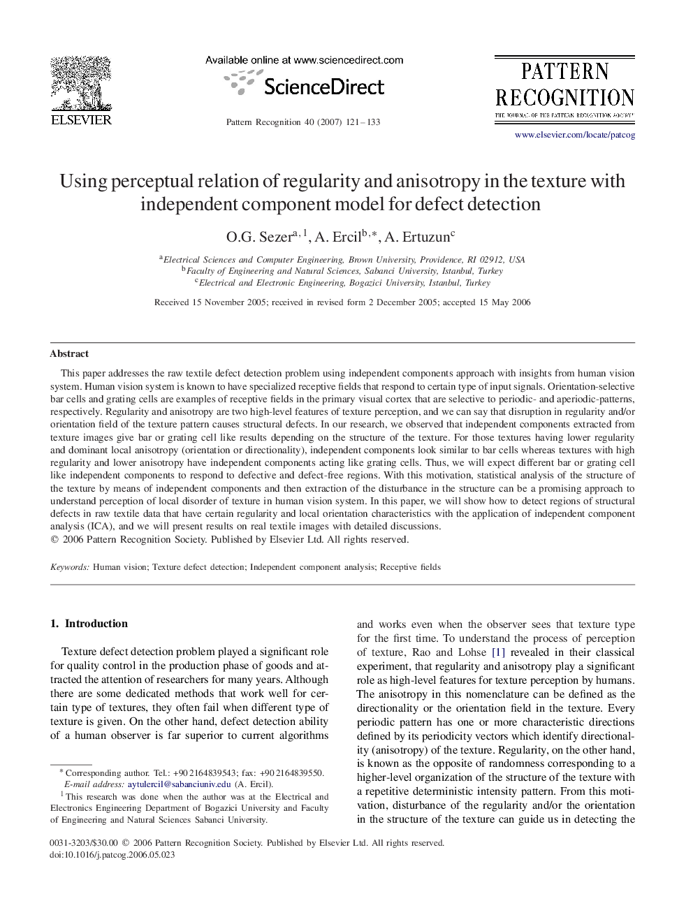 Using perceptual relation of regularity and anisotropy in the texture with independent component model for defect detection