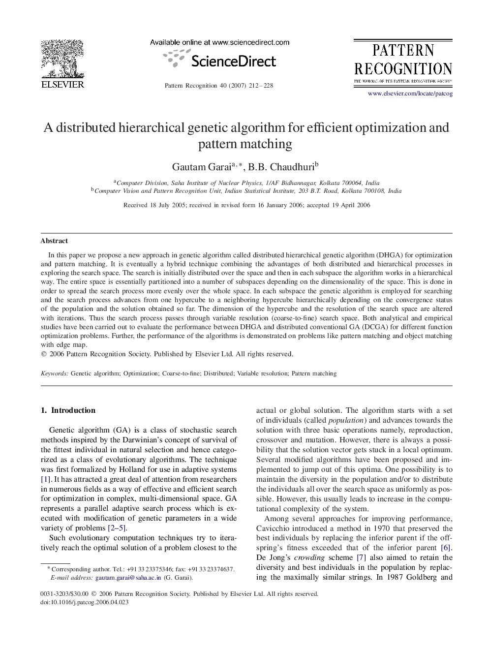 A distributed hierarchical genetic algorithm for efficient optimization and pattern matching