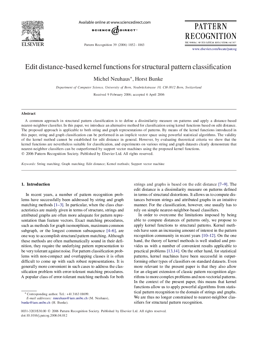 Edit distance-based kernel functions for structural pattern classification