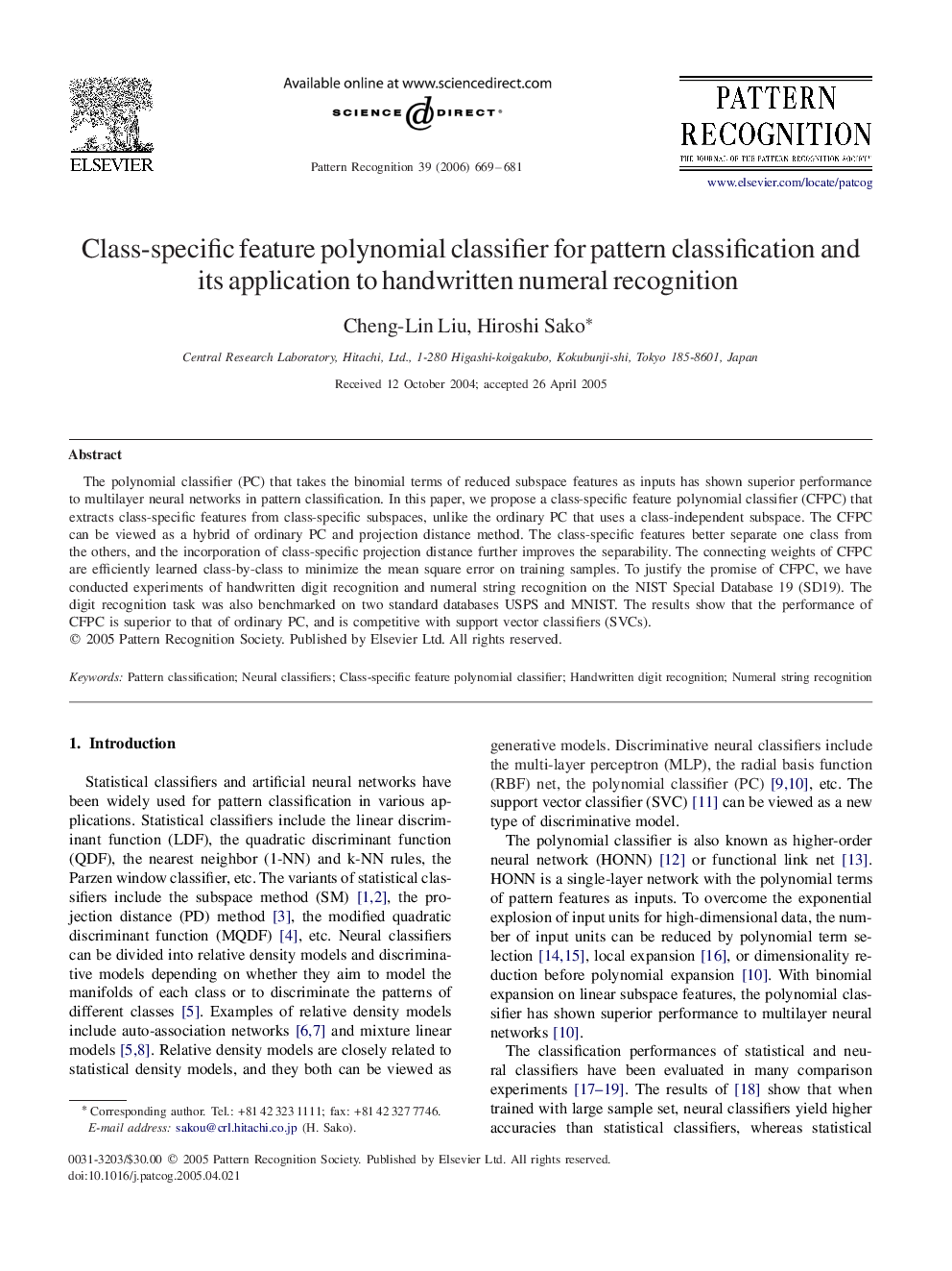 Class-specific feature polynomial classifier for pattern classification and its application to handwritten numeral recognition