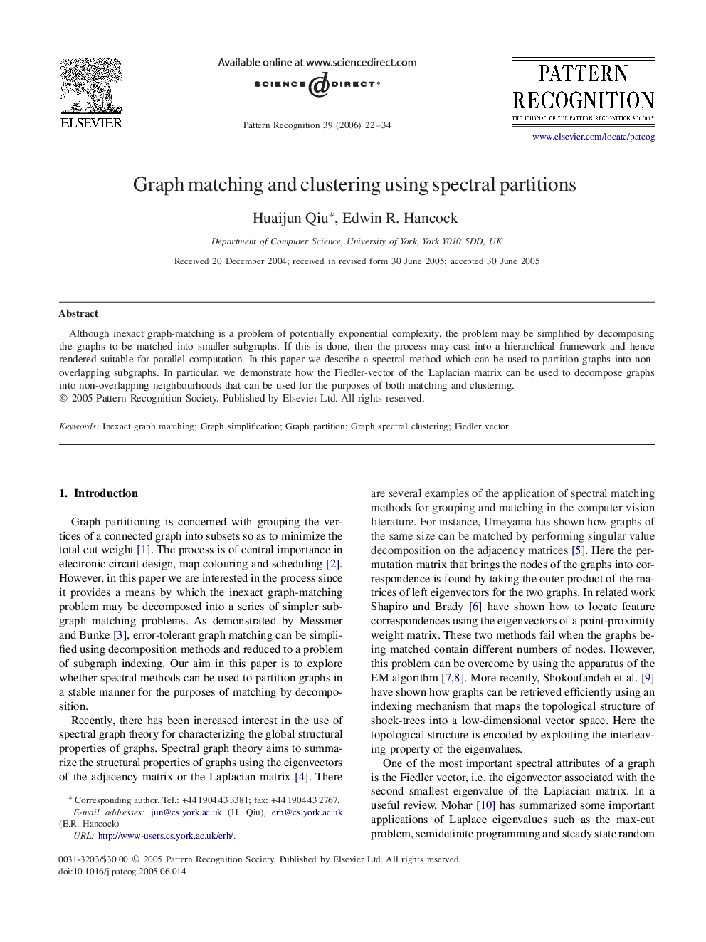 Graph matching and clustering using spectral partitions