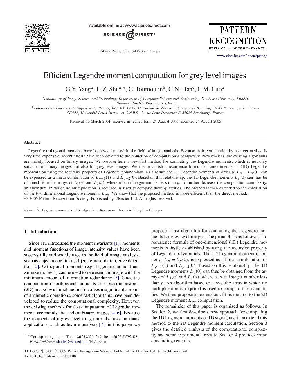 Efficient Legendre moment computation for grey level images