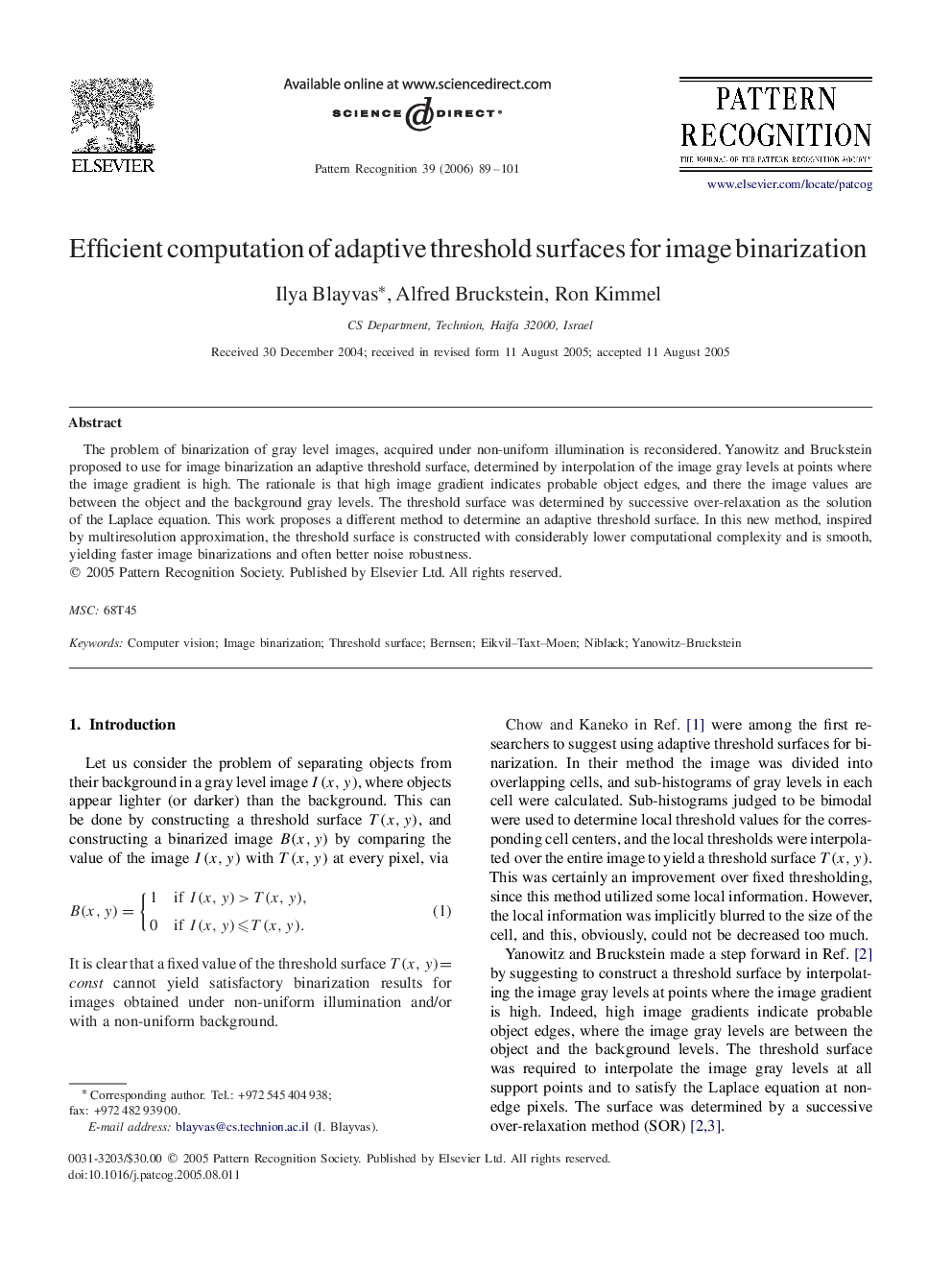 Efficient computation of adaptive threshold surfaces for image binarization