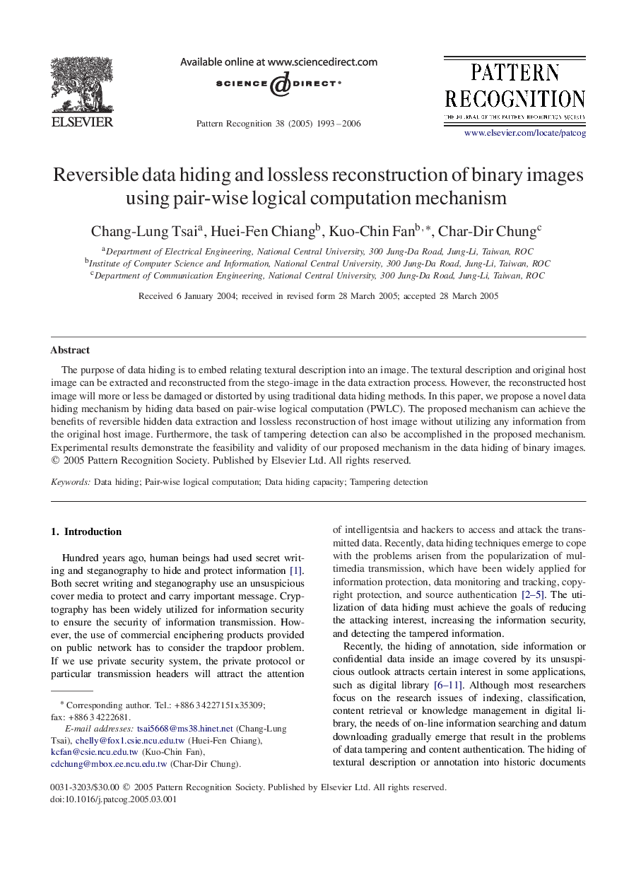 Reversible data hiding and lossless reconstruction of binary images using pair-wise logical computation mechanism