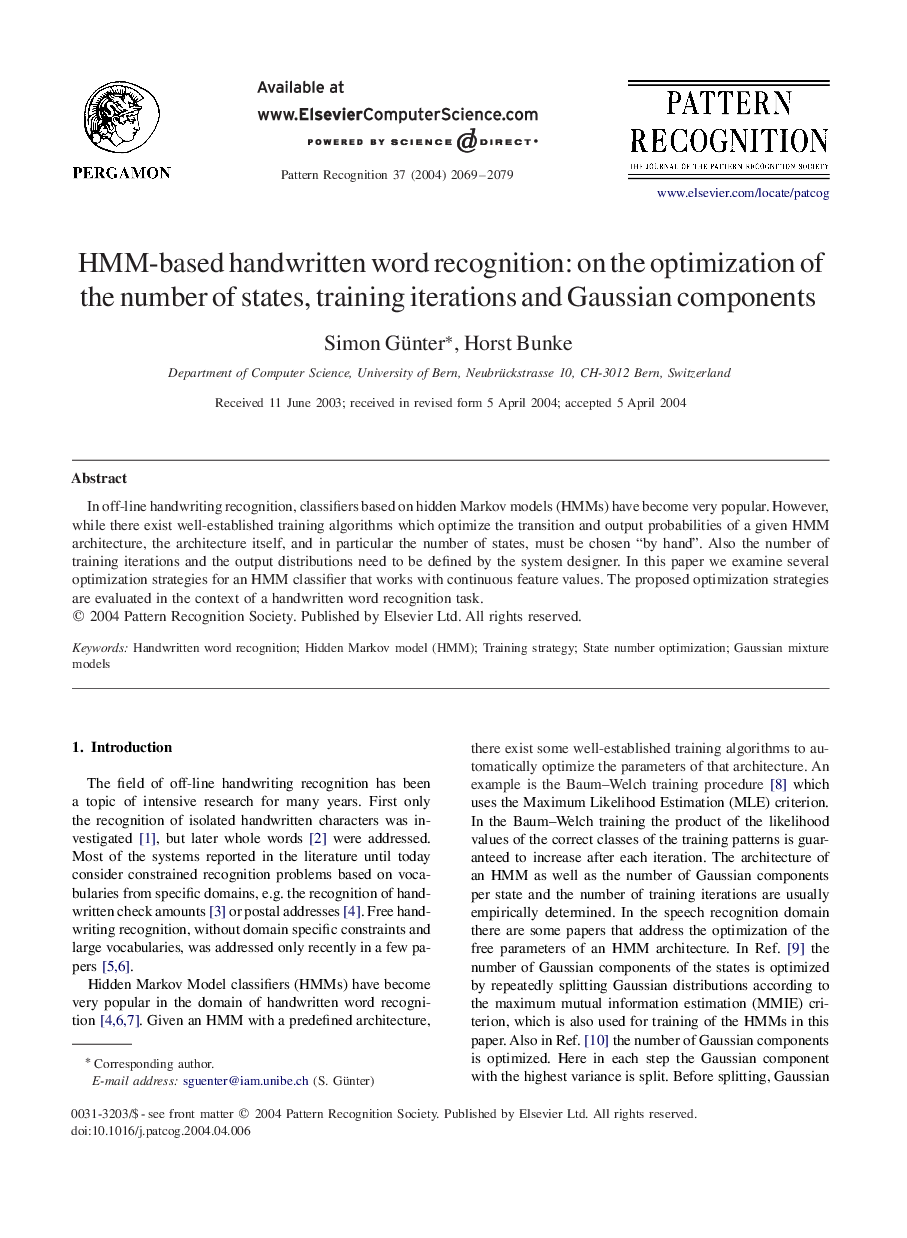 HMM-based handwritten word recognition: on the optimization of the number of states, training iterations and Gaussian components